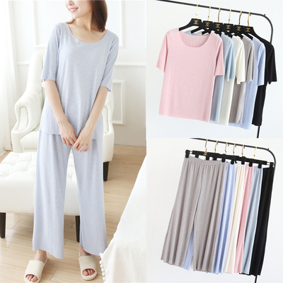 夏款女简约纯色坑条针织衫短袖T恤上衣阔腿裤薄套装家居睡衣6色入评测